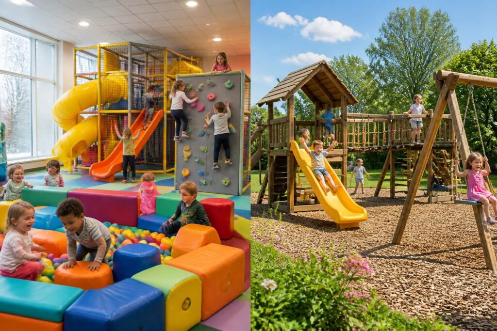 découvrez comment choisir entre un parc de jeux intérieur ou extérieur en fonction de l'âge des enfants et de la saison pour garantir sécurité et amusement toute l'année.